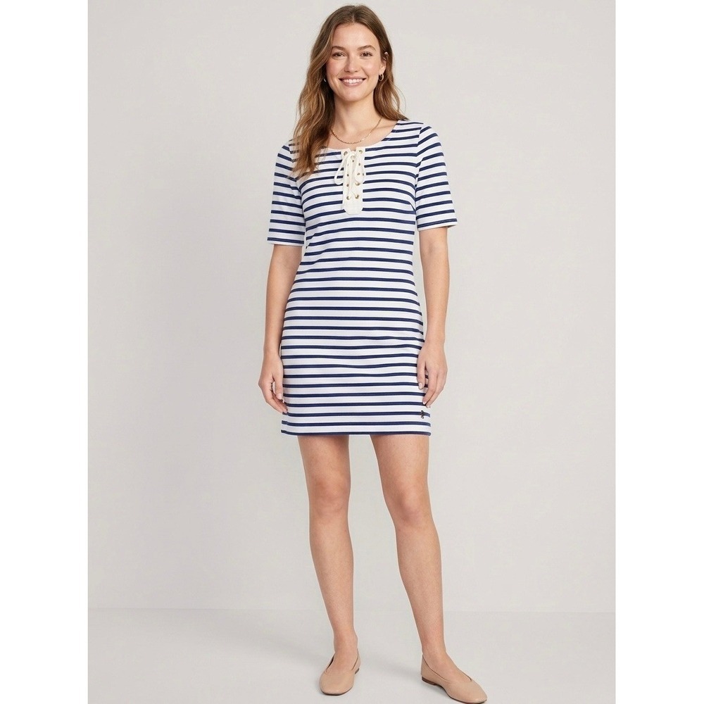 Juicy Couture Navy White Striped Lace Up Mini Dress Short Sleeve Nautical Size S